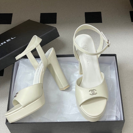 CHANEL 26S HIGH HEEL SANDALS 120 MM IN CREAM WHITE LAMBSKIN
