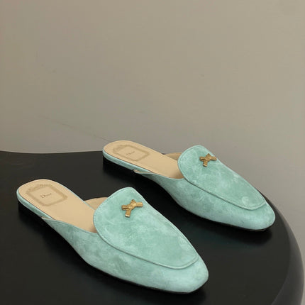 DIOR 26S MULES IN LIGHT MINT GREEN SUEDE WITH BOW