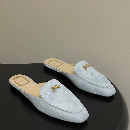 DIOR 26S MULES IN LIGHT BLUE GRAY SUEDE WITH BOW