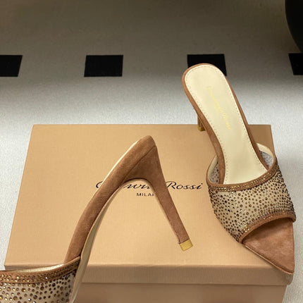 GIANVITO ROSSI 26S HIGH HEELS 85 MM IN BROWN SUEDE WITH RHINESTONE STRAP