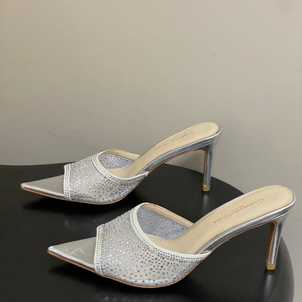 GIANVITO ROSSI 26S HIGH HEELS 85 MM IN SILVER LAMBSKIN WITH RHINESTONE STRAP