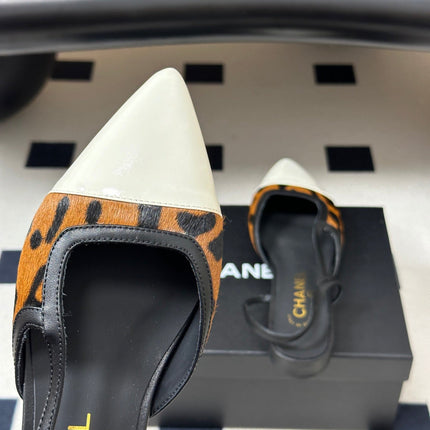 CHANEL 26S POINTED TOE SLINGBACKS IN BROWN PONY HAIR AND WHITE LAMBSKIN