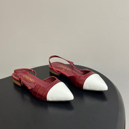 CHANEL 26S POINTED TOE SLINGBACKS IN DARK RED AND WHITE LAMBSKIN