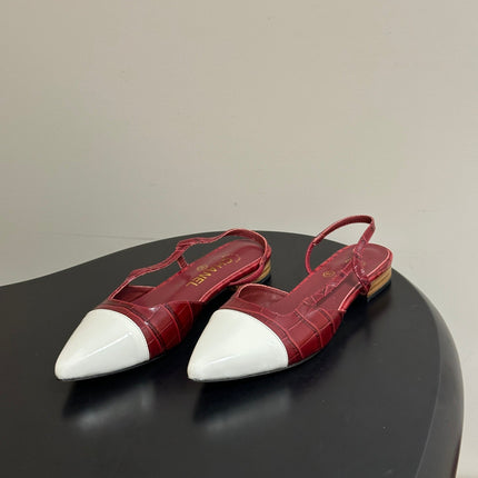 CHANEL 26S POINTED TOE SLINGBACKS IN DARK RED AND WHITE LAMBSKIN