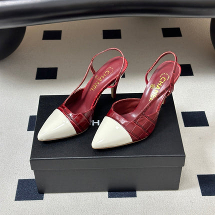 CHANEL 26S POINTED TOE HIGH HEEL SLINGBACKS 85 MM IN  DARK RED MIX WHITE LAMBSKIN