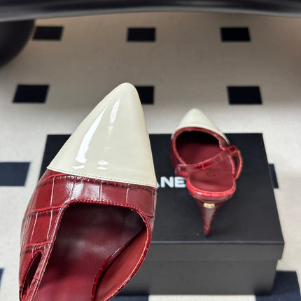 CHANEL 26S POINTED TOE HIGH HEEL SLINGBACKS 85 MM IN  DARK RED MIX WHITE LAMBSKIN