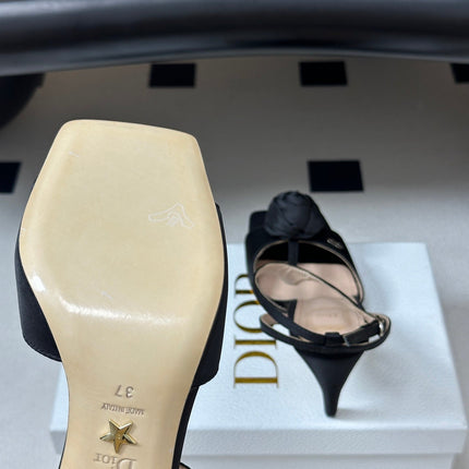 DIOR 26S ROSE HEELED SANDALS 85MM IN BLACK SATIN