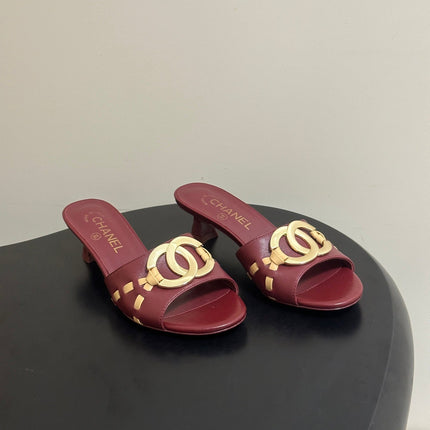 CHANEL 26S HIGH HEEL MULE IN RED LAMBSKIN WITH GOLD TONE CC LOGO