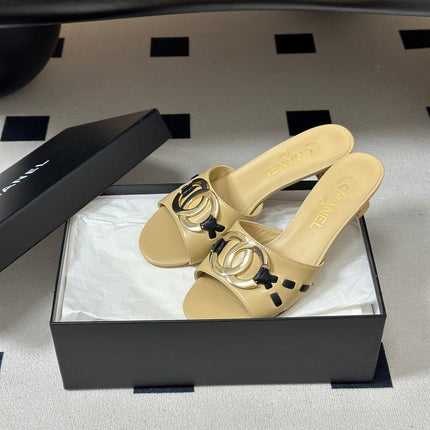 CHANEL 26S HIGH HEEL MULE IN BEIGE LAMBSKIN WITH GOLD TONE CC LOGO