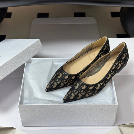 DIOR 26S POINTED-TOE FLATS IN BLACK MESH OBLIQUE EMBROIDERED CANVAS
