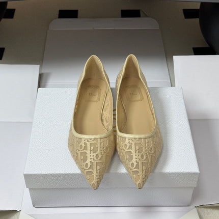 DIOR 26S POINTED-TOE FLATS IN BEIGE MESH OBLIQUE EMBROIDERED CANVAS