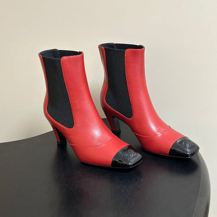 CHANEL 26S ANKLE BOOTS 60 MM IN RED CALFSKIN AND BLACK PATENT