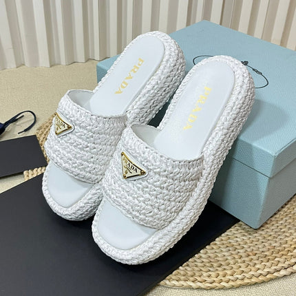 PRA CROCHET FLATFORM SLIDES WHITE RAFFIA