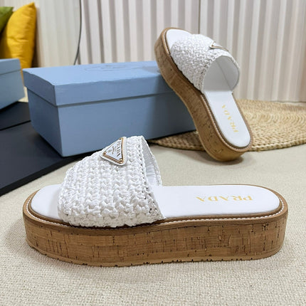 PRA WEDGE FLATFORM SLIDES WHITE RAFFIA