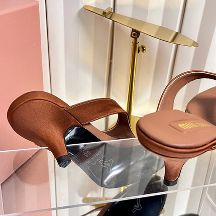 MIUMIU 26S THONG HEELED SANDALS 50 MM IN BROWN LAMBSKIN AND SATIN