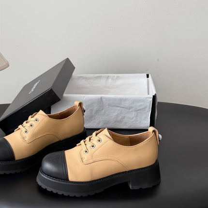 CHANEL 26S LACE UP PLATFORM IN BLACK AND BEIGE CALFSKIN