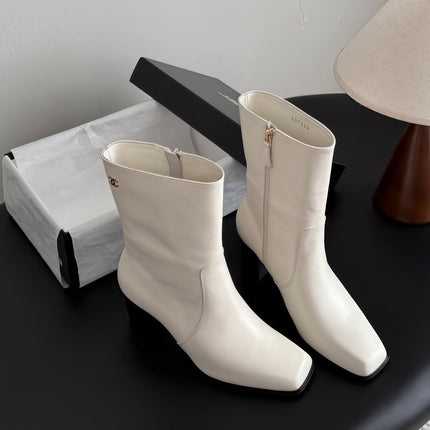CHANEL 26S ANKLE BOOTS 70 MM IN CREAM WHITE CALFSKIN SQUARE TOE