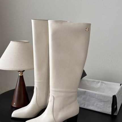 CHANEL 26S TALL BOOTS 70 MM IN CREAM WHITE CALFSKIN SQUARE TOE