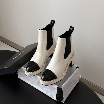 CHANEL 26S CHELSEA ANKLE BOOTS 70 MM  IN WHITE EMBOSSED AND BLACK PATENT