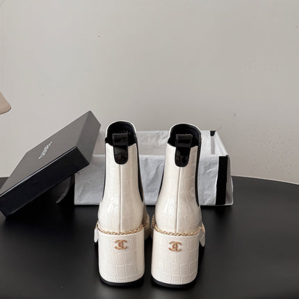 CHANEL 26S CHELSEA ANKLE BOOTS 70 MM  IN WHITE EMBOSSED AND BLACK PATENT