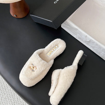 CHANEL 26S MULES IN WHITE SHEARLING LINING