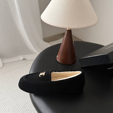 CHANEL 26S LOAFERS IN BLACK SUEDE AND SHEARLING LINING