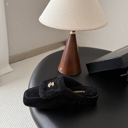 CHANEL 26S MULES IN BLACK SHEARLING AND SUEDE