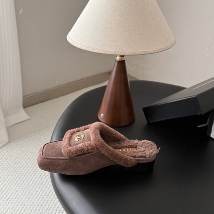 CHANEL 26S MULES IN TAUPE SHEARLING AND SUEDE