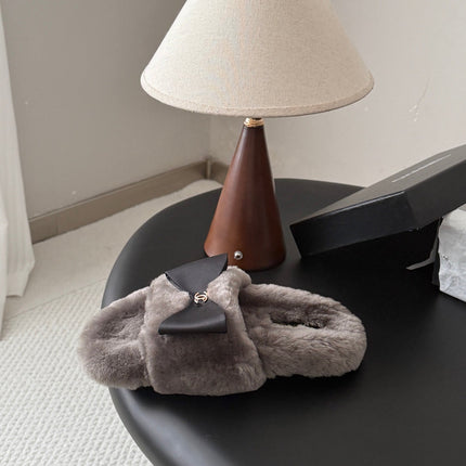 CHANEL 26S SLIDE SANDALS IN GRAY SHEARLING WITH BLACK BOW