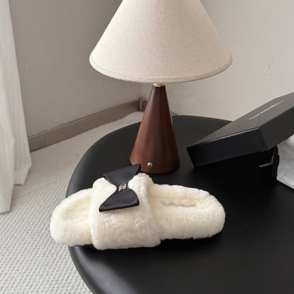 CHANEL 26S SLIDE SANDALS IN WHITE SHEARLING WITH BLACK BOW
