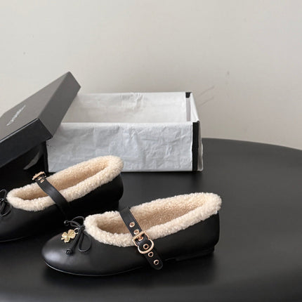 CHANEL 26S MARY JANE FLATS IN BLACK LAMBSKIN AND SHEARLING