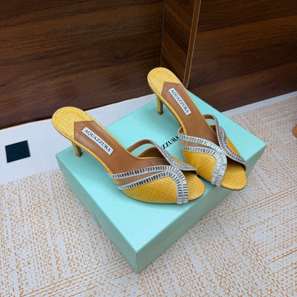 AQUAZZURA 26S HEELED SANDALS 75 MM IN YELLOW RAFFIA TEXTURE