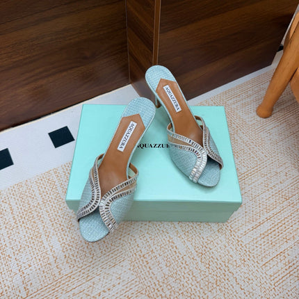 AQUAZZURA 26S HEELED SANDALS 75 MM IN LIGHT BLUE RAFFIA TEXTURE