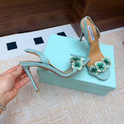 AQUAZZURA 26S HEELED SANDALS 100 MM IN MINT GREEN RAFFIA TEXTURE
