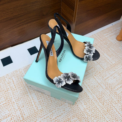 AQUAZZURA 26S HEELED SANDALS 100 MM IN BLACK RAFFIA TEXTURE