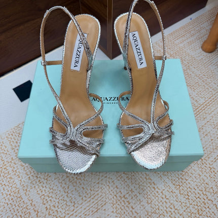 AQUAZZURA 26S CRYSTAL SANDALS 100 MM IN SILVER CALFSKIN