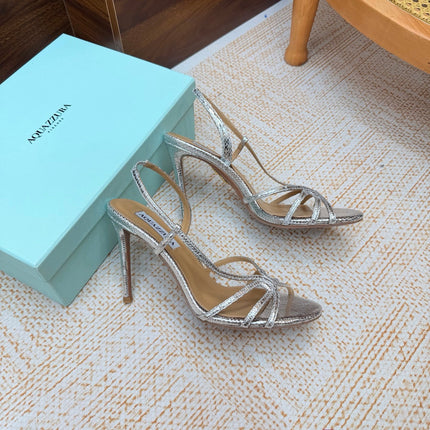 AQUAZZURA 26S CRYSTAL SANDALS 100 MM IN SILVER CALFSKIN
