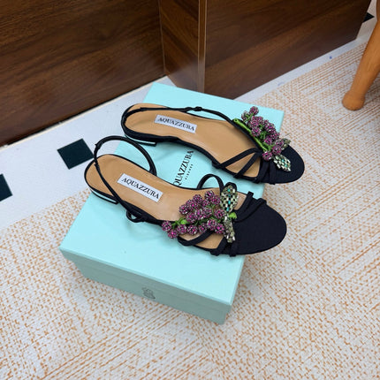 AQUAZZURA 26S CRYSTAL SANDALS IN BLACK FABRIC