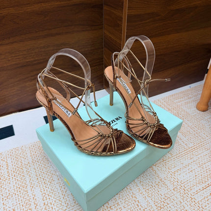 AQUAZZURA 26S LACE-UP HEEL SANDALS 100 MM IN METALLIC BRONZE BROWN CALFSKIN