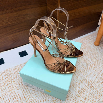 AQUAZZURA 26S LACE-UP HEEL SANDALS 100 MM IN METALLIC BRONZE BROWN CALFSKIN