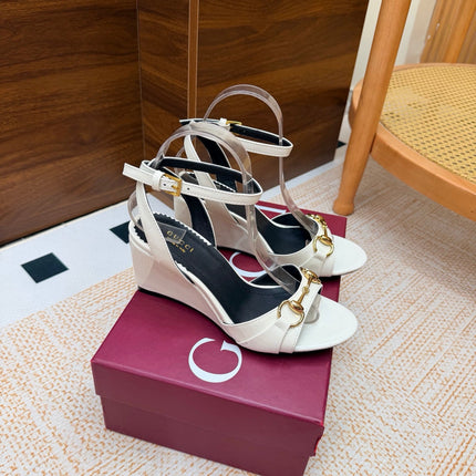 GUCCI 26S WEDGE SANDALS 80 MM IN WHITE GLOSSY CALFSKIN