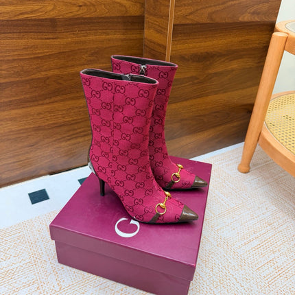 GUCCI 26S ANKLE BOOTS 85 MM IN DARK RED GG CANVAS AND BROWN CALFSKIN