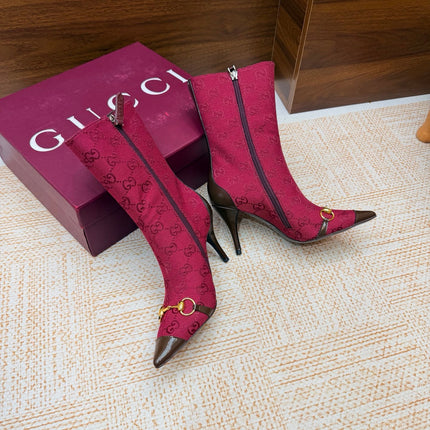 GUCCI 26S ANKLE BOOTS 85 MM IN DARK RED GG CANVAS AND BROWN CALFSKIN
