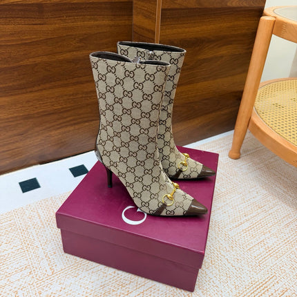 GUCCI 26S ANKLE BOOTS 85 MM IN BEIGE GG CANVAS AND BROWN CALFSKIN