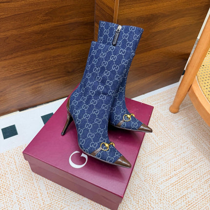 GUCCI 26S ANKLE BOOTS 85 MM IN BLUE DENIM AND BROWN CALFSKIN