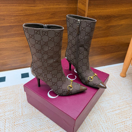 GUCCI 26S ANKLE BOOTS 85 MM IN DARK BROWN GG CANVAS AND CALFSKIN