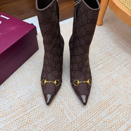 GUCCI 26S ANKLE BOOTS 85 MM IN DARK BROWN GG CANVAS AND CALFSKIN