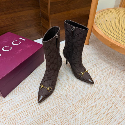 GUCCI 26S ANKLE BOOTS 85 MM IN DARK BROWN GG CANVAS AND CALFSKIN