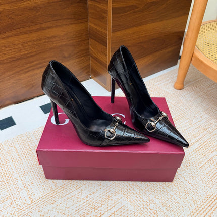 GUCCI 26S HORSEBIT PUMPS 105 MM IN BLACK CROCODILE EMBOSSED LEATHER