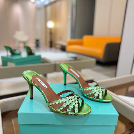 AQUAZZURA 26S TEQUILA HEELED SANDALS 85 MM IN GREEN LAMBSKIN